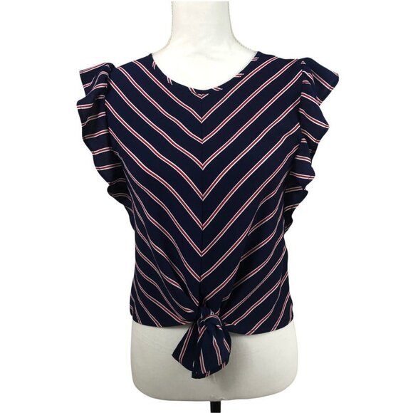 𝅺MONTEAU Striped Blue, Red & White Top with Flutter Sleeves size Small - Picture 12 of 12